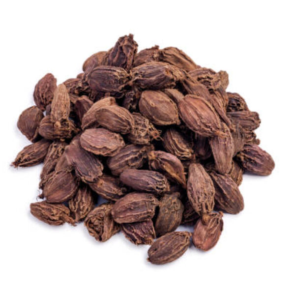 Black Cardamom (Tsaoko Fruit) isolated on white background. Indian black cardamom, Amomum subulatum, zwarte kardemom, black cardamom, brown cardamom, Nepal cardamom, large cardamom.